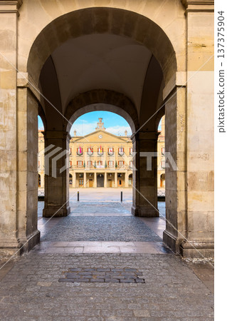 Arched arcade view of Spain square in Vitoria Gasteiz Basque Country Spain 137375904