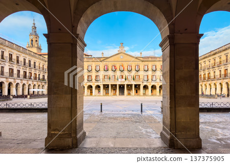 Arched arcade view of Spain square in Vitoria Gasteiz Basque Country Spain Arched arcade view of Spain square in Vitoria Gasteiz Basque Country Spain 137375905