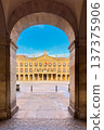 Arched arcade view of Spain square in Vitoria Gasteiz Basque Country Spain 137375906