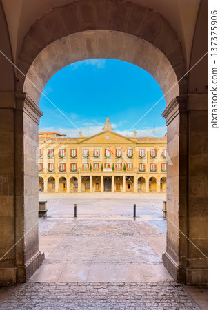 Arched arcade view of Spain square in Vitoria Gasteiz Basque Country Spain Arched arcade view of Spain square in Vitoria Gasteiz Basque Country Spain 137375906