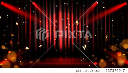 Red velvet curtain with golden confetti, spotlight Red velvet curtain with golden confetti, spotlight 137376047