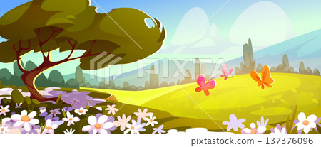 Spring green grass meadow landscape with flowers 137376096
