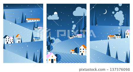 Winter geometric landscape cards, abstract vector Winter geometric landscape cards, abstract vector 137376098