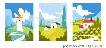 Geometric farm scene posters set-插圖素材 [137376106] - PIXTA圖庫