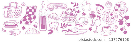 Hand-drawn pink picnic sketch items set 137376108