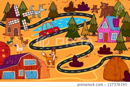 Funny village and forest map for children game Funny village and forest map for children game 137376143