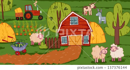 Doodle crayon garden scene with barn and animals Doodle crayon garden scene with barn and animals 137376144