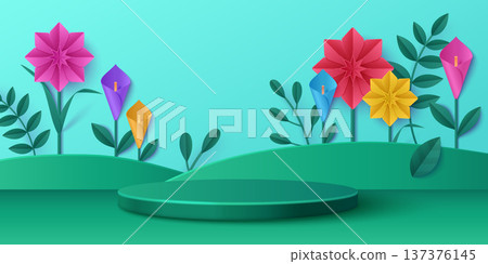 3D spring paper flower landscape with podium 137376145