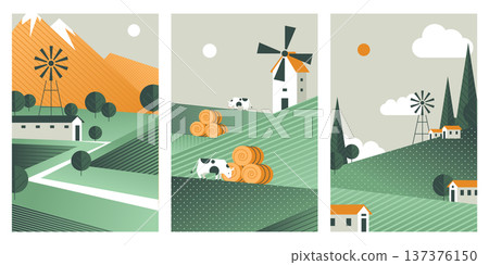 Summer landscape, green fields, rolling hills and cows 137376150