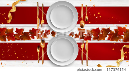 Thanksgiving dinner table setting top view Thanksgiving dinner table setting top view 137376154