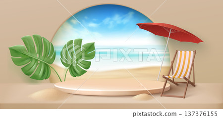 Summer beach banner with round platform on beige Summer beach banner with round platform on beige 137376155