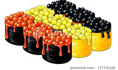 Candy-Coated Aesthetic of colorful gunkan maki resembling luxury confections, featuring tobiko eggs as perfect glossy spheres like candy sprinkles 137376188