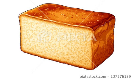 Modern Japanese Graphic Art, a golden-brown Castella sponge cake slice, ultra-fine porous texture, glossy caramelized crust, in a  palette of honey brown, ivory, warm amber 137376189