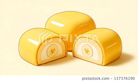 Japanese Decorative Style, Banana cakes, smooth yellow exterior, delicate banana cream filling visible through cut, in a palette of soft banana yellow, cream, pale gold 137376190
