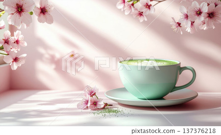 Matcha Latte, spring. pastel green cup of matcha latte with latte art sits on saucer surrounded by cherry blossoms 137376218