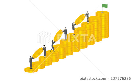 Isometric business teamwork with men and women carrying gold coins up stack graph towards goal flag for financial success money growth investment strategy and wealth management Isometric business teamwork with men and women carrying gold coins up stack graph towards goal flag for financial success money growth investment strategy and wealth management 137376286