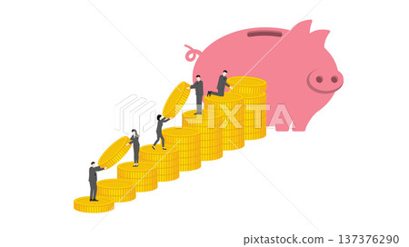 Isometric business teamwork with men and women carrying gold coins up stack graph towards large piggy bank for financial security money savings investment and wealth building strategy concept Isometric business teamwork with men and women carrying gold coins up stack graph towards large piggy bank for financial security money savings investment and wealth building strategy concept 137376290
