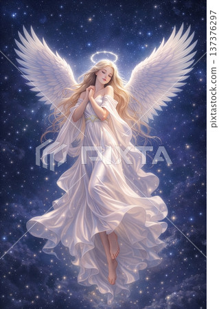 一位純潔的女神在星空下向天空祈禱 137376297