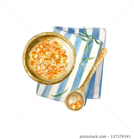Sea buckthorn berries in a wooden bowl with a spoon, resting on a blue striped textile napkin. Hand drawn watercolor illustration, isolated. Suitable for label design for tea, jam, oil and cosmetics. Sea buckthorn berries in a wooden bowl with a spoon, resting on a blue striped textile napkin. Hand drawn watercolor illustration, isolated. Suitable for label design for tea, jam, oil and cosmetics. 137376341