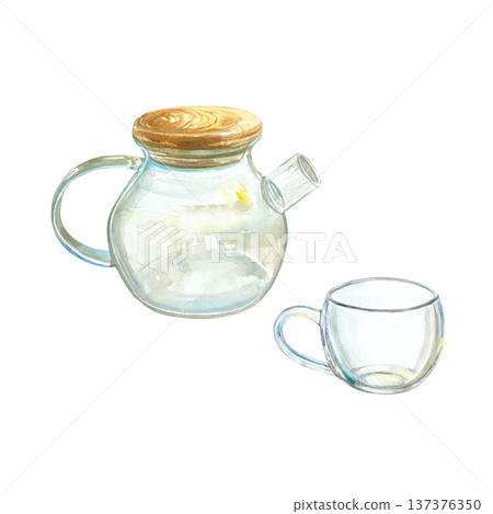 Glass teapot and cup. Empty. Hand drawn watercolor illustration of teaware, isolated. For tea label and cafe menu design. 137376350