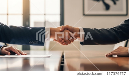 商務人士穿著西裝，在商務會議或面試中握手，背景模糊。 137376757