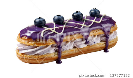 Classic french eclair with glossy chocolate icing, filled with a vibrant purple blueberry cream and topped with a fresh blueberry Classic french eclair with glossy chocolate icing, filled with a vibrant purple blueberry cream and topped with a fresh blueberry 137377132