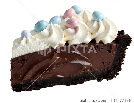 Decadent slice of rich chocolate pie topped with fluffy whipped cream and colorful easter candy eggs, perfect for holiday dessert tables Decadent slice of rich chocolate pie topped with fluffy whipped cream and colorful easter candy eggs, perfect for holiday dessert tables 137377136