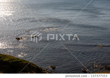 Jogashima Park, January. The view from the park: the ocean and a small boat. Jogashima Park, January. The view from the park: the ocean and a small boat. 137377353