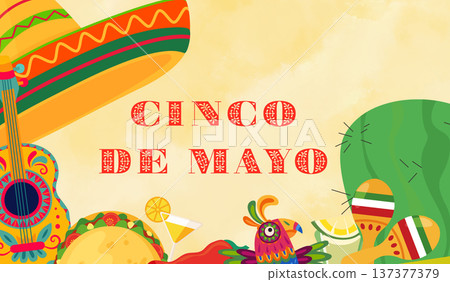 Cinco de Mayo celebration with traditional Mexican elements like sombrero, guitar, taco, chili and margarita, creating a festive border for text Cinco de Mayo celebration with traditional Mexican elements like sombrero, guitar, taco, chili and margarita, creating a festive border for text 137377379