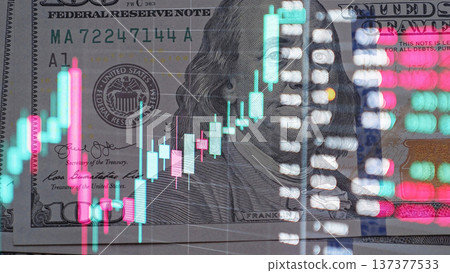 Green Red Candlestick Chart Moving Over Dollar Bills. Stock Market Growth, Currency Exchange Rate, Oil Gas Energy Price Rise, Investment Trading Finance Concept. Financial Background Green Red Candlestick Chart Moving Over Dollar Bills. Stock Market Growth, Currency Exchange Rate, Oil Gas Energy Price Rise, Investment Trading Finance Concept. Financial Background 137377533