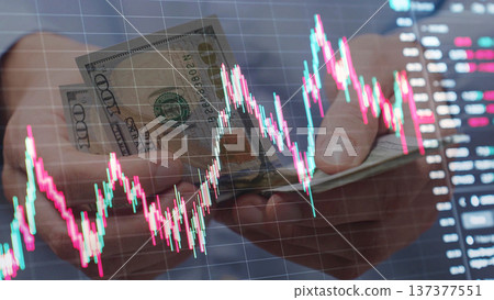 Investor Counting Dollar Bills, Green Red Candlestick Chart Overlaid, Stock Market Ticker Board. Trading, Investment, Finance Economy Concept. Financial Background 137377551