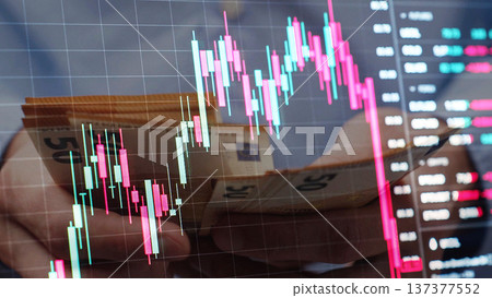 Investor Counting Euro Bills, Red Bearish Candlestick Chart Moving Down, Stock Market Ticker Board. Stock Crash, Investment Loss Finance Concept. Financial Background Investor Counting Euro Bills, Red Bearish Candlestick Chart Moving Down, Stock Market Ticker Board. Stock Crash, Investment Loss Finance Concept. Financial Background 137377552