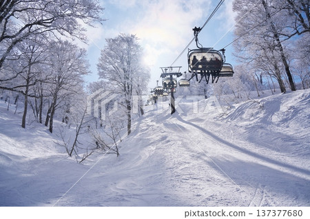 Nozawa Onsen Ski Resort in winter Yamabiko Ford surrounded by the frost-covered forests of Mount Kenashi 137377680