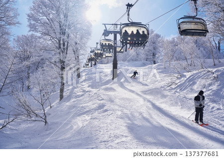 Nozawa Onsen Ski Resort in winter Yamabiko Ford surrounded by the frost-covered forests of Mount Kenashi 137377681