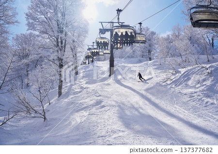 Nozawa Onsen Ski Resort in winter Yamabiko Ford surrounded by the frost-covered forests of Mount Kenashi 137377682
