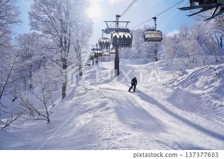 Nozawa Onsen Ski Resort in winter Yamabiko Ford surrounded by the frost-covered forests of Mount Kenashi 137377683