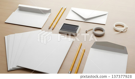 Set of stationery and office supplies on a wooden desk 137377928