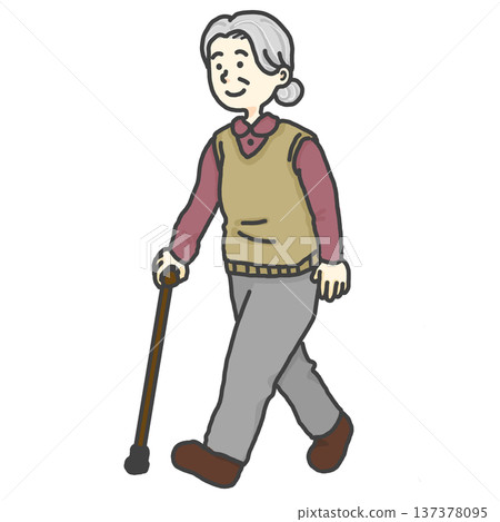 Elderly man woman walking cane rehabilitation walk preventive care assistance required whole body Elderly man woman walking cane rehabilitation walk preventive care assistance required whole body 137378095