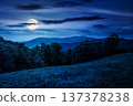 beautiful countryside scenery in summer at night. full moon over lush green grass on alpine meadow. beech forest on the hillside. mysterious view of distant mountain landscape under cloudy sky 137378238