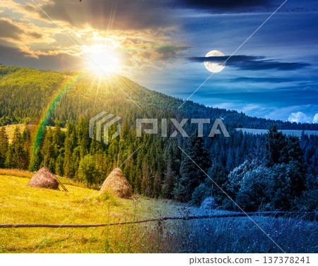 rural landscape with field on the hill. day and night time change concept. alpine scenery with haystack under sun and moon. mountainous countryside hayfield during summer. equality and shift template 137378241
