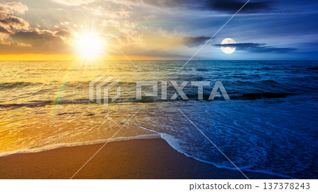 sandy sea beach background on autumn equinox. day meet night. sun and moon over empty seascape scenery with calm waves. beauty seashore wallpaper for astrology. bay photo for advertising sandy sea beach background on autumn equinox. day meet night. sun and moon over empty seascape scenery with calm waves. beauty seashore wallpaper for astrology. bay photo for advertising 137378243