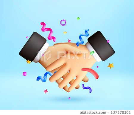3D Two hands shaking with confetti. 3D Two hands shaking with confetti. 137378301
