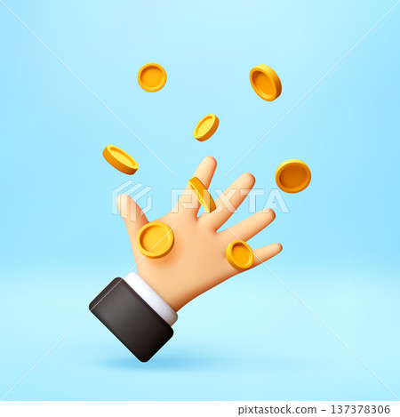 3D Hand reaching for falling gold coins. 3D Hand reaching for falling gold coins. 137378306