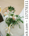 Elegant Wedding Bouquet with White Chrysanthemums, Pink Roses and Eucalyptus 137378311