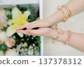 Elegant Woman's Hands in Prayer Gesture with Luxury Gold Bracelets and Bangles 137378312