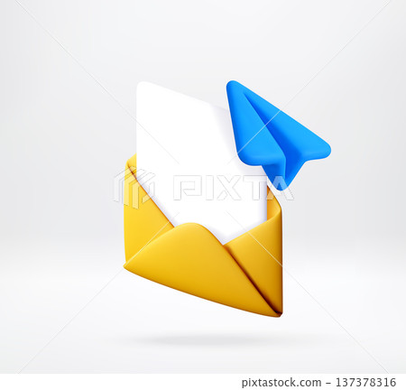 3D Envelope with paper sheet and blue paper plane 3D Envelope with paper sheet and blue paper plane 137378316
