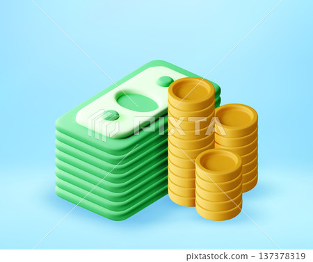 3D Stack of green paper money and golden coins 3D Stack of green paper money and golden coins 137378319
