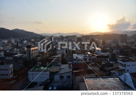Takayama City, Gifu Prefecture, Japan - Cityscape in the city center and a beautiful sunset - Aerial view from a high-rise building 137378563