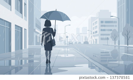 一位女商人撐著傘走在雨中的城市裡，她的身影清晰可見。 137378581