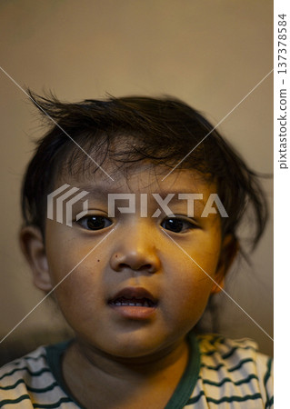Portrait Of A Toddler, Candid and expressive portrait of a young toddler capturing pure childhood innocence, ideal for parenting, family advertising and child care promotion. 137378584